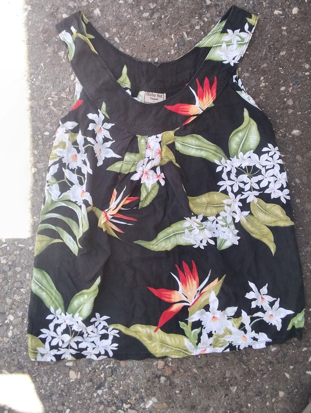 Aloha Hut Black Hawaiian Tropical Floral Tank Top Vintage Rayon Womens Small